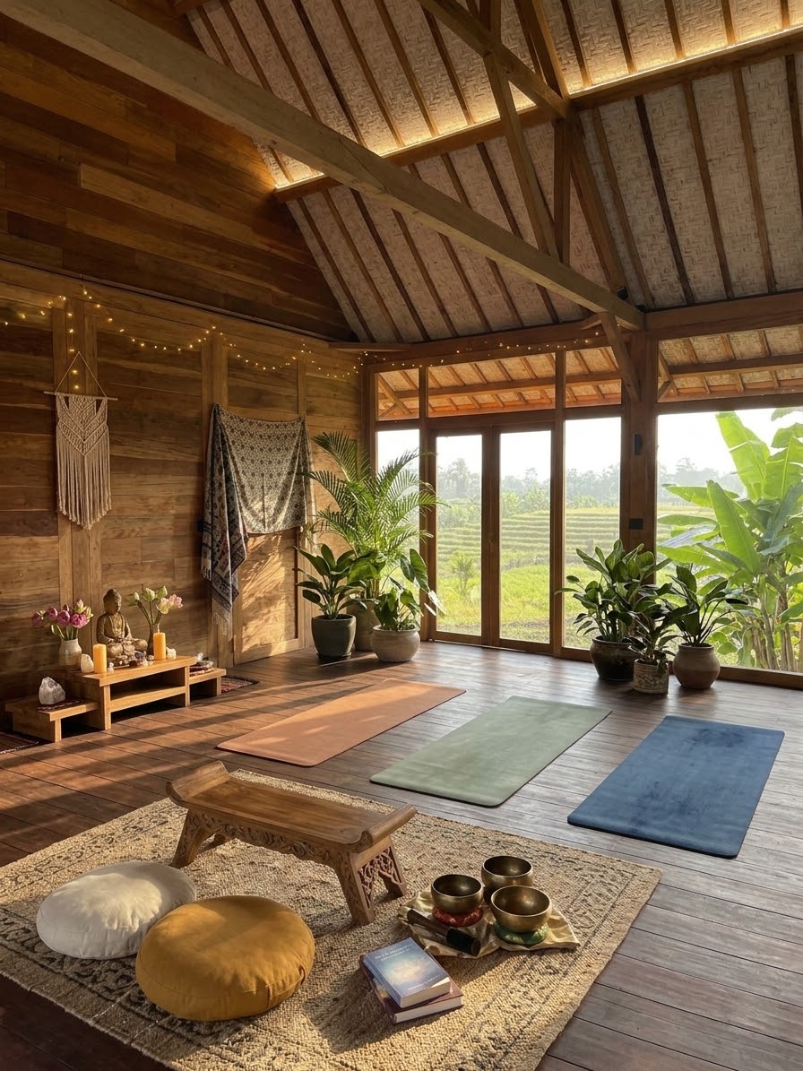 The shala at Desa Kayu set up with mats, bolsters and singing bowls, facing the rice fields