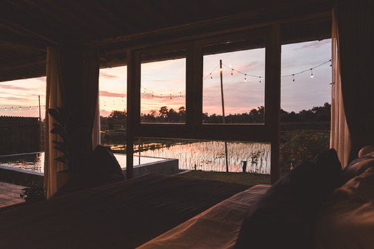 View across the rice field at dusk from a Desa Kayu bed